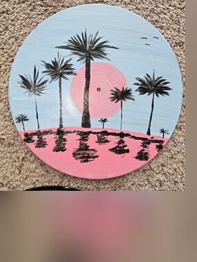Hand-Painted Vinyl Record Palm Tree Sunset - Pink & Light Blue